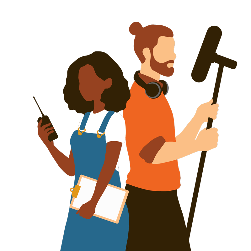 An illustration of a man and woman at work. The woman is holding a walkie talkie and clipboard and the man is holding a boom mic and has headphones around his neck