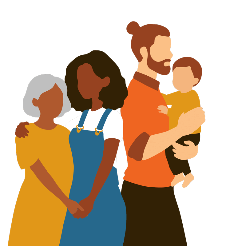 An illustration of a woman with her arm around an elderly woman, and the man holding a baby